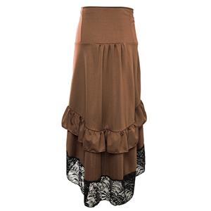Vintage Gothic Brown High Waist Button Lace Trim Ruffled High-low Skirt N18636