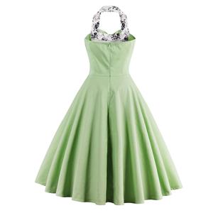 1950's Vintage Green Bowknot Floral Print Halter Cocktail Swing Dress N12814