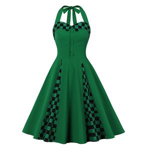 Vintage Green Hanging Neck Sleeveless Casual Cocktail Big Swing Dress N22746