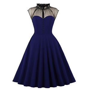Vintage Dark-blue Mesh Patchwork Half-high Neck Flying Sleeve High Waist Swing Dress N23029