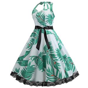 Vintage Halterneck Sweetheart Bodice Green Leaves Pattern Backless Summer Swing Dress N18827