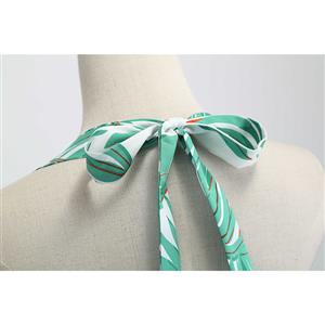 Vintage Halterneck Sweetheart Bodice Green Leaves Pattern Backless Summer Swing Dress N18827