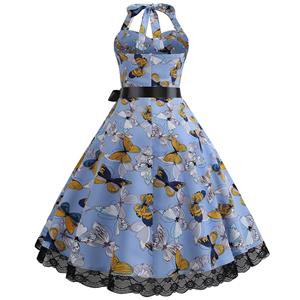 Vintage Halterneck Sweetheart Bodice Butterfly Pattern Backless Summer Swing Dress N18829