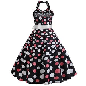 Vintage Polka Dots Print Halterneck Sweetheart Bodice High Waist Summer Swing Dress N18834
