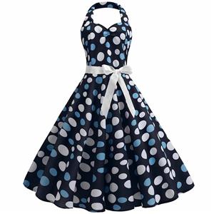 Vintage Polka Dots Print Halterneck Sweetheart Bodice High Waist Summer Swing Dress N18835