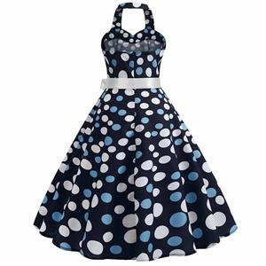 Vintage Polka Dots Print Halterneck Sweetheart Bodice High Waist Summer Swing Dress N18835