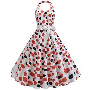 Vintage Polka Dots Print Halterneck Sweetheart Bodice High Waist Summer Swing Dress N18836