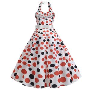 Vintage Polka Dots Print Halterneck Sweetheart Bodice High Waist Summer Swing Dress N18836