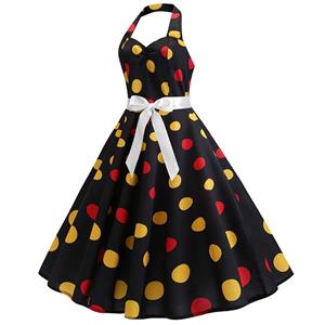 Vintage Polka Dots Print Halterneck Sweetheart Bodice High Waist Summer Swing Dress N18837