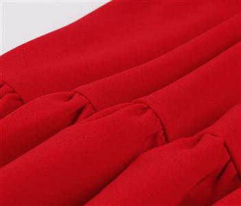 Elegant Red Doll Collar Short Sleeve Front Button High Waist Ruffle Dress N21350