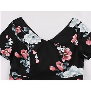 Retro Floral Print V Neckline Short Sleeve High Waist Pleated Swing Dress N18876
