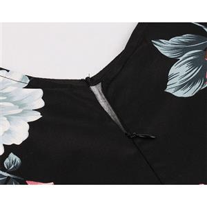 Retro Floral Print V Neckline Short Sleeve High Waist Pleated Swing Dress N18876