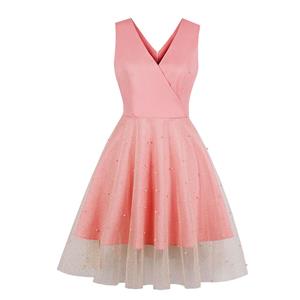 Elegant V Neck Glittering Sheer Mesh and Pearl Skirt Sleeveless Party Swing Dress N18902