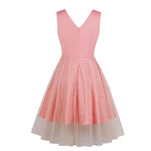 Elegant V Neck Glittering Sheer Mesh and Pearl Skirt Sleeveless Party Swing Dress N18902