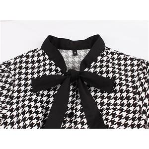 Vintage Houndstooth Butterfly Collar Short Sleeve High Waist Midi Dress N18906