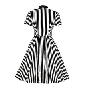 Vintage Black and White Vertical Striped Butterfly Collar Short Sleeve High Waist Midi Dress N18907