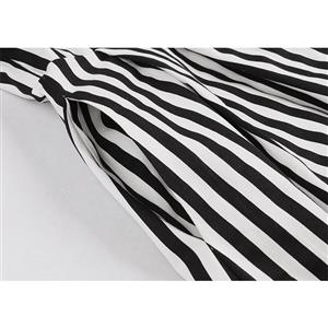 Vintage Black and White Vertical Striped Butterfly Collar Short Sleeve High Waist Midi Dress N18907