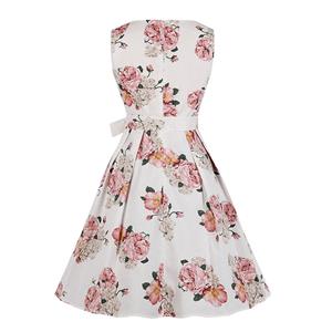 Vintage Rockabilly Floral Printed Round Collar Sleeveless Frock Summer Day Dress N18980