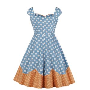 Vintage Rockabilly Polka Dots Wide Straps Ruffled Sweetheart Neckline Summer Day Dress N18986