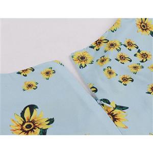 Retro Rockabilly Sunflower Printed V Collar Cap Sleeves Frock Midi Swing Dress N18991