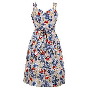 Retro Tropical Coconut Palm Printed Sweetheart Bodice Double Straps Frock Summer Midi Dress N18993