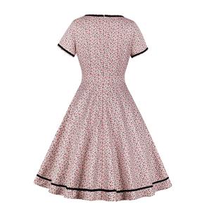 Vintage Rockabilly Floral Pattern Black Trims V Neckline Short Sleeve High Waist Swing Dress N19023