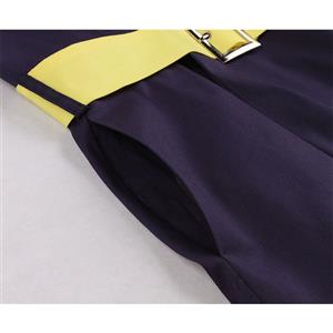 Elegant Crew Neck Sleeveless Contrast Color Patchwork Midi Formal Dress with Belt N19025
