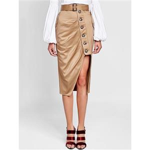 Women's Vintage Khaki Mid-Calf High Waist Pleated Asymmetrical Skirt N15691
