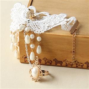 Vintage White Butterfly Lace Wristband Pearls  Embellished Bracelet with Ring J18169