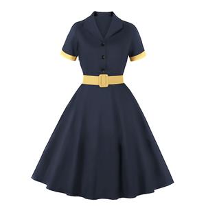 1960s Retro Solid Color Lapel Short Sleeves High Waist Cocktail Swing Dress With Belt N21713