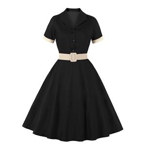 1960s Retro Solid Color Lapel Short Sleeves High Waist Cocktail Swing Dress With Belt N21714