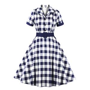 1960s Retro Blue and White Plaid Lapel Short Sleeves High Waist Swing Dress With Belt N21715