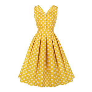 1950s Vintage Lapel and V Back Button Bodice Polka Dots Sleeveless Cocktail Swing Dress N21849