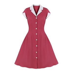 1950s Vintage Lapel Short Sleeve Front Button High Waist Office Lady Cocktail Midi Dress N22043