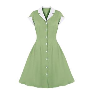 1950s Vintage Lapel Short Sleeve Front Button High Waist Office Lady Cocktail Midi Dress N22045