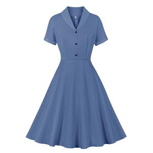 Vintage Solid Color Lapel Button Bodice Short Sleeve High Waist Summer Daily Swing Dress N22118