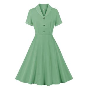 Vintage Solid Color Lapel Button Bodice Short Sleeve High Waist Summer Daily Swing Dress N22119