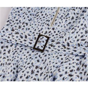 Vintage Leopard Print Front Zipper Round Neck Half Sleeve High Waist Dress With Belt N20618