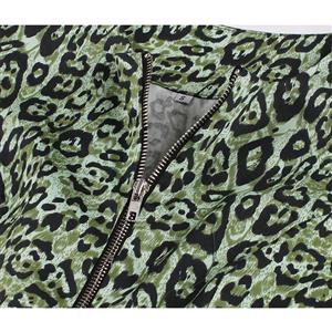 Vintage Leopard Print Front Zipper Round Neck Half Sleeve High Waist Dress With Belt N20619