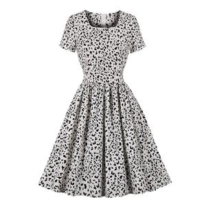 Vintage Leopard Square Neckline Short Sleeve High Waist Daily Casual A-line Dress N22086