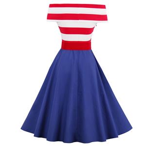 Vintage Off Shoulder Striped Swing Dress N12955