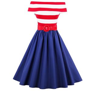 Vintage Off Shoulder Striped Swing Dress N12955