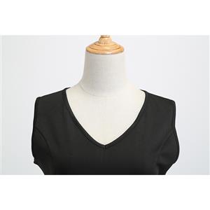 Vintage V Neck Black Bodice and Peony Pattern Splicing Sleeveless Summer Swing Dress N18826