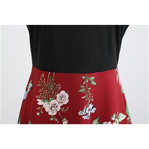 Vintage V Neck Black Bodice and Peony Pattern Splicing Sleeveless Summer Swing Dress N18826