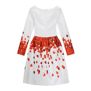 Girl's Vintage Petal Print Long Sleeve Round Collar A-Line Dress N15522