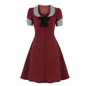Vintage Peter Pan Collar with Bowknot Front Button Short Sleeve High Waist Party Midi Dress N21704