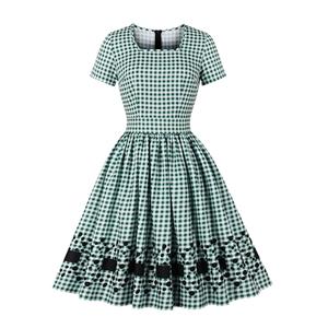 Vintage Square Neckline Short Sleeve Gingham Cotton High Waist Daily Casual A-line Dress N21585