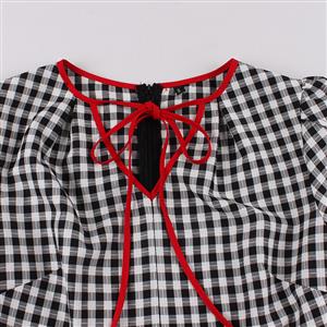 Vintage Black and White Plaid V Neck Zipper Short Sleeve High Waist Daily Swing Dress N23153