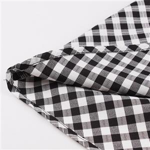Vintage Black and White Plaid V Neck Zipper Short Sleeve High Waist Daily Swing Dress N23153
