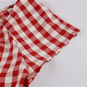 Vintage Elegant Red Plaid Short Sleeve Round Neck High Waist Zipper Midi Dress N23148